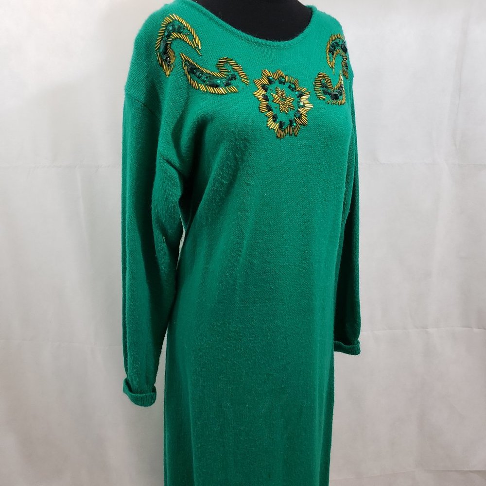 Green Vintage Sweater Dress with Gold/Green Decor